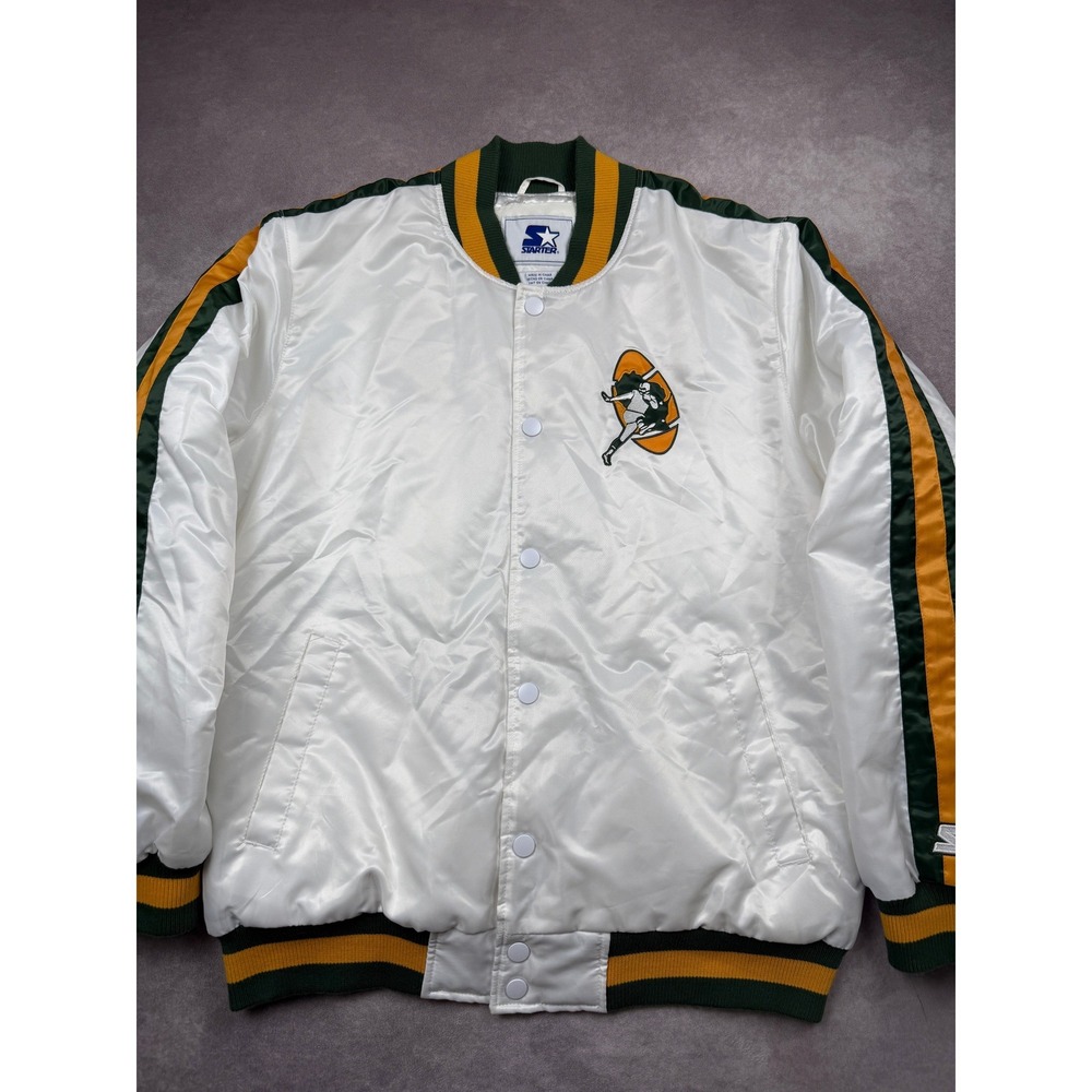 Starter NFL Green Bay Packers Men XL White Satin Varsity Bomber Jacket